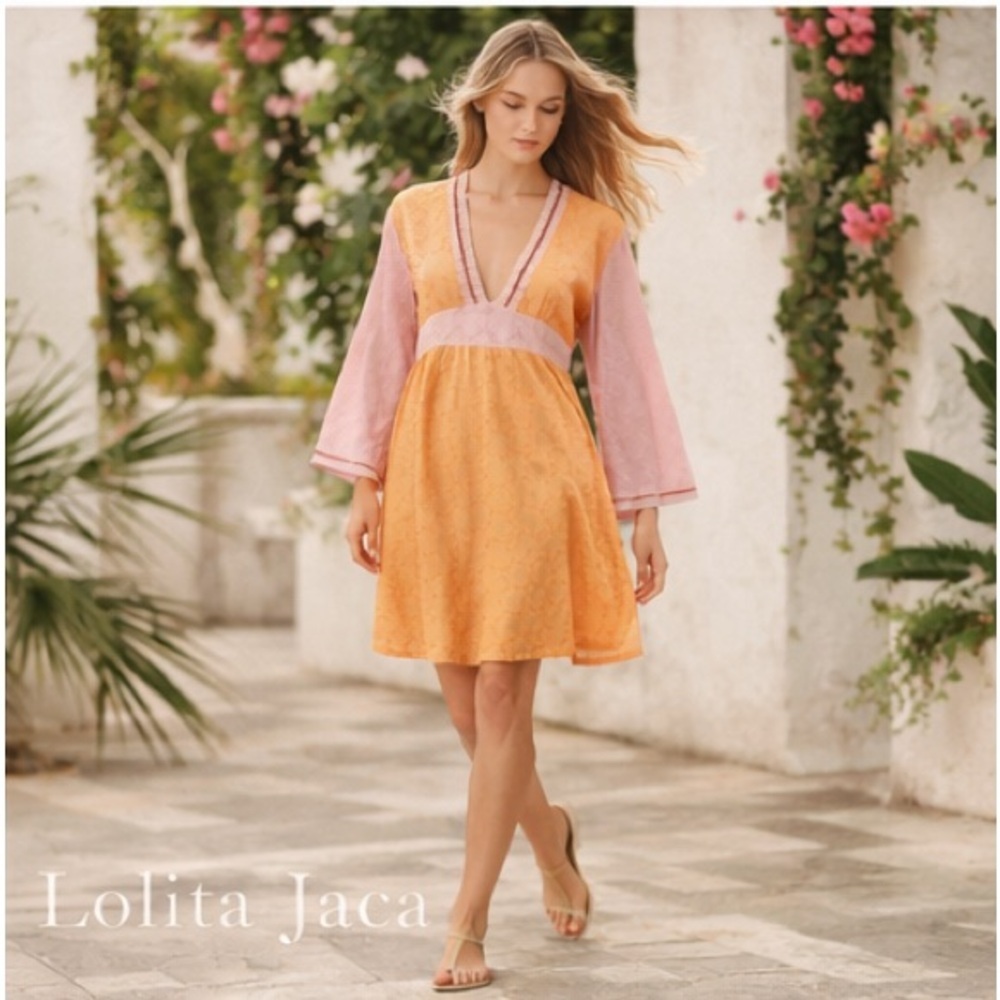 Lolita Jaca Embroidered Cotton Dress Pink Orange Lace Boho Bell Sleeve M